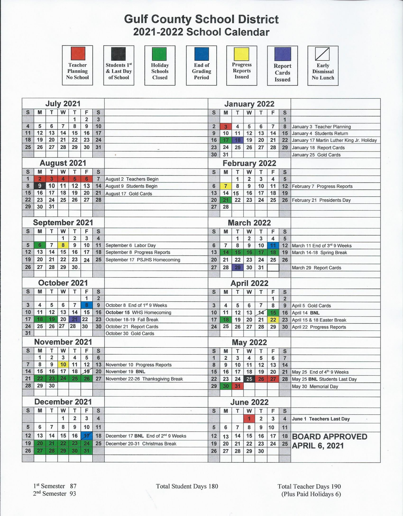 District 93 Calendar 2022 Gulf County Schools 2021-22 Calendar - Port St. Joe Elementary School
